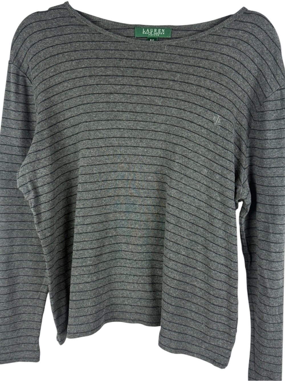 LAUREN Ralph Lauren Petite Large Striped Long Sleeve Boatneck Top Gray Cotton